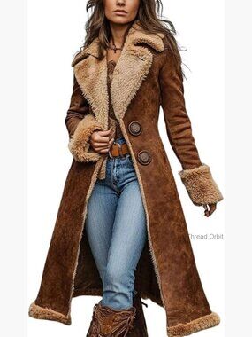 Faux Suede Shearling Jacket Notch Lapel Long Sleeve Vintage Western Winter Coat